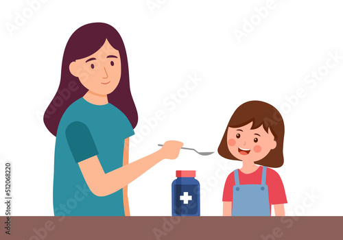 Mother is feeding syrup medicine to her child in flat design. Sick girl take medicine syrup for disease treatment.