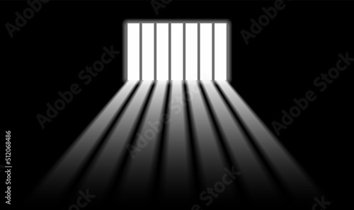 Vector illustration of prison bars window on dark wall. Realistic prison room window background. Jail window with bars. Jail break. 