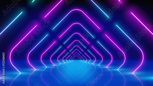 Glowing neon lines, tunnel, led arcade, stage. Abstract technology background, virtual reality. Pink blue purple corridor neon square arch, perspective. Ultraviolet bright glow. Vector illustration