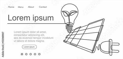 Continuous line drawing solar panel, plug and light bulb, symbol for solar energy.Can used for logo, emblem, slide show and banner. Illustration with quote template.Order a banner for one line drawing