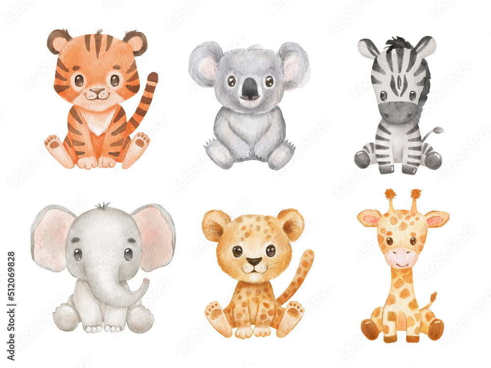 Cute portraits tiger, koala, elephant in cartoon style. Drawing african baby zebra and giraffe isolated on white background. Set of sitting Jungle animals - obrazy, fototapety, plakaty 