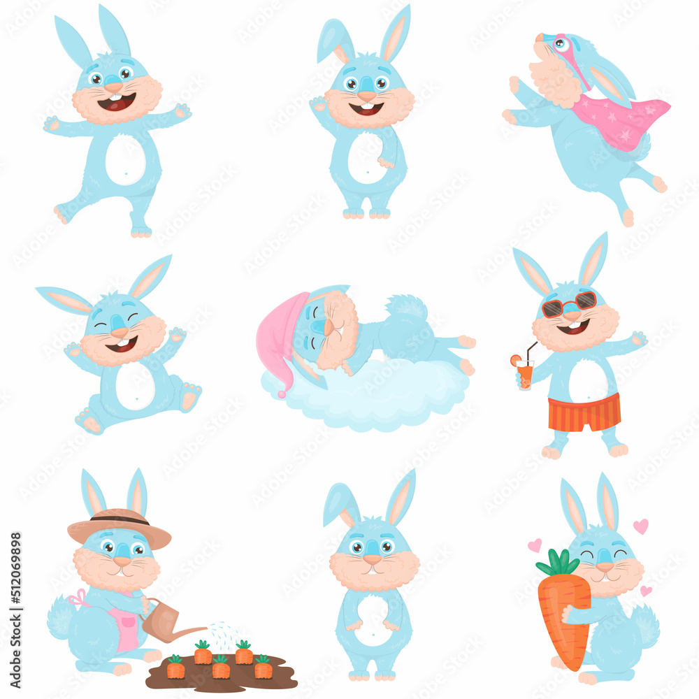 Collection of cute blue cartoon rabbits