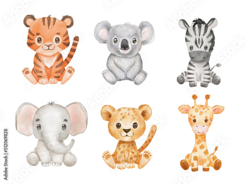 Cute portraits tiger, koala, elephant in cartoon style. Drawing african baby zebra and giraffe isolated on white background. Set of sitting Jungle animals © Elena