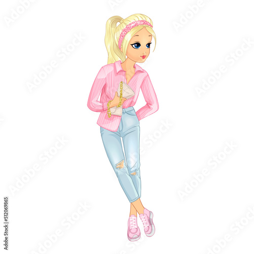 Girl in pink striped shirt and jeans