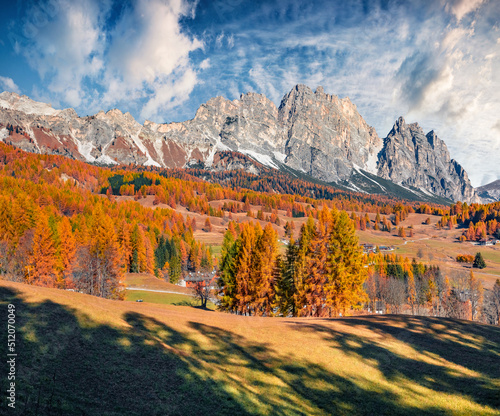Colorful autumn view of countryside outskirts of Cortina d'Ampezzo town. Adorable morning scene of Dolomite Alps, Italy, Europe. Traveling concept background.