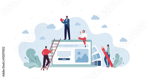 UI, UX and web design concept. Vector flat character illustration. Multiethic team of male and female artist and designer make interface on screen. Pencil, computer, smartphone symbol.