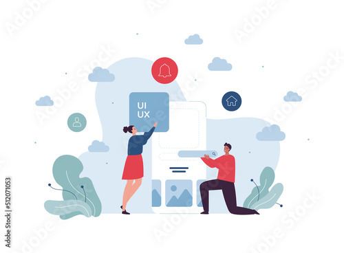 UI, UX and web design concept. Vector flat character illustration. Team of man and woman make interface on smartphone screen. Search and buttons symbol.