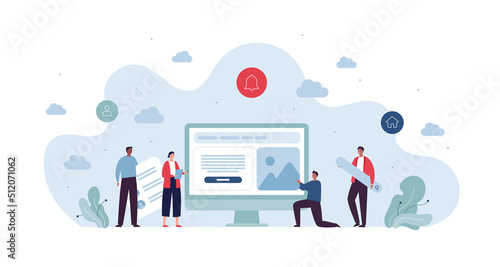 UI, UX and web design concept. Vector flat character illustration. Multiethic team of male and female artist and designer make interface on computer screen. Electronic pencil, web page symbol.