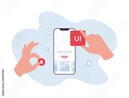 UI, UX and web design concept. Vector flat illustration. Human hands make application. Web page interface layout elements symbol on smart phone screen. photo
