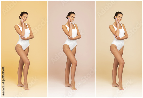 Young, fit and beautiful brunette woman in white swimsuit posing over bright background. Healthcare, diet, sport and fitness concept.