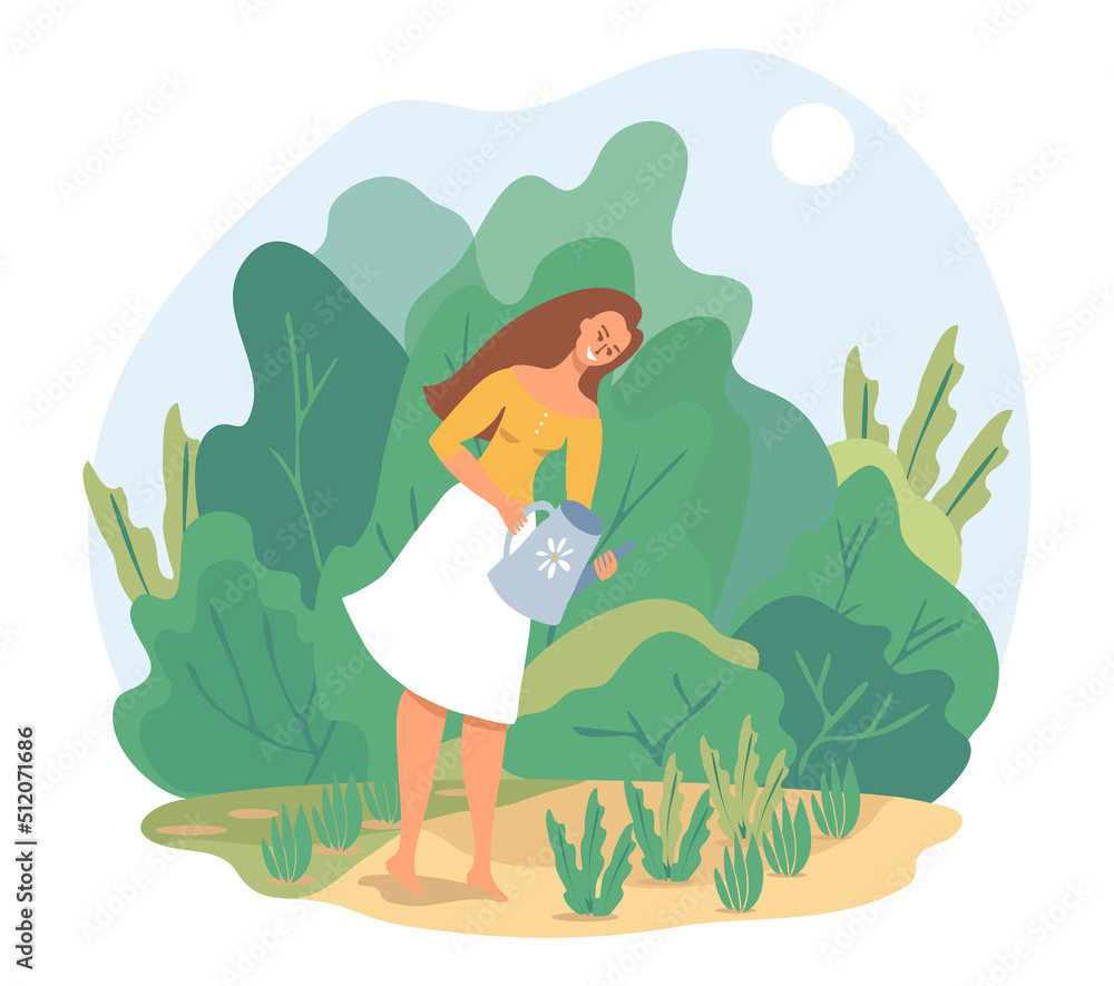 Beautiful cute girl watering the flowers and plants in garden. Love of gardening. Colorful bright picture with green colored frame of greenery isolated on white background. Flat, vector illustration.