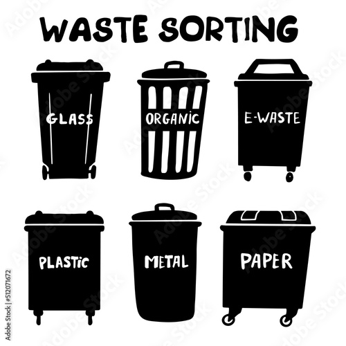 Trash cans with name of garbage set. Recycling of different materials. Vector silhouette illustration isolated on white background.