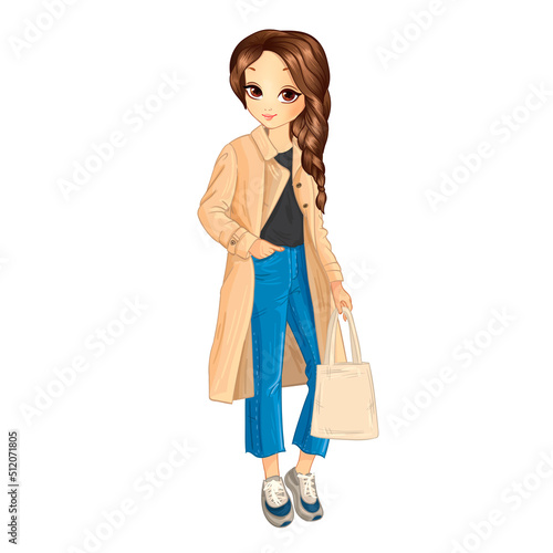 Girl in long beige coat and jeans