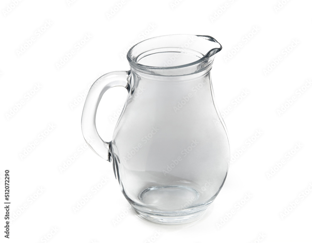 Glass water jug on white background. Space for text, for advertising, menu and printed materials Glass water jug on white background. Space for text, for advertising, menu and printed materials