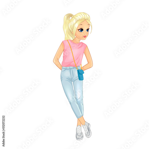 Girl in pink sleeveless shirt and jeans