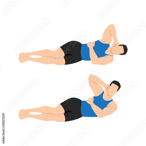 Man doing Oblique crunch exercise. Flat vector illustration isolated on white background