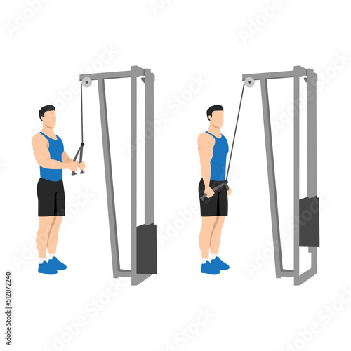 Man doing Cable rope pushdown exercise. Flat vector illustration isolated on white background