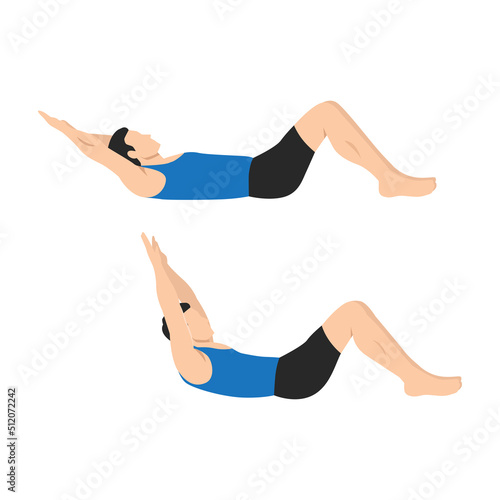Man doing Long arm crunch exercise. Flat vector illustration isolated on white background.Editable file with layers