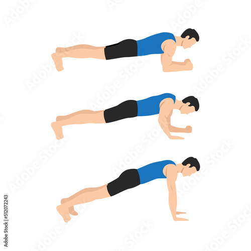 Man doing plank get ups exercise flat vector illustration isolated on white background