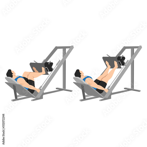 Man doing leg press exercise on machine. Flat vector illustration isolated on white background