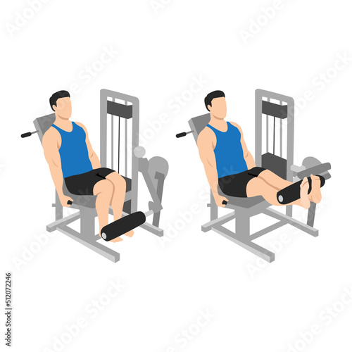 Man doing leg extension on machine exercise. Flat vector illustration isolated on white background photo