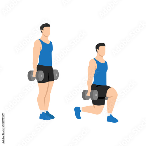 Man doing Dumbbell walking lunges exercise. Flat vector illustration isolated on white background