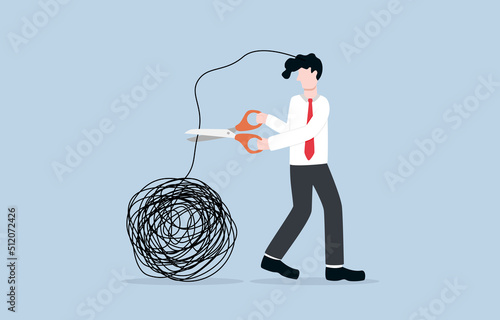 Stress elimination from busy work or toxic environment, changing behavior for better mental health, work-life balance concept. Businessman cutting messy tangled line cling to his head.  photo