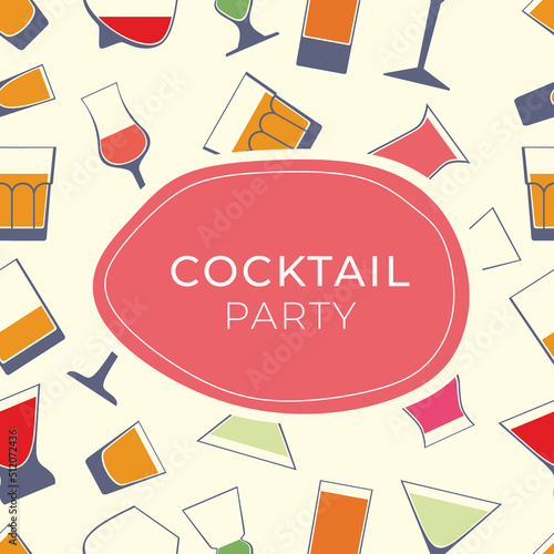 Different types cocktail glass seamless pattern, banner.Various types cocktail glasses. Types of glasses used for alcohol. Shot, martini, absinthe, margarita. Color flat vector illustration. Isolated.