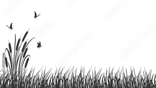Border silhouette of tall marsh grass with reeds and butterflies. Dark shadow of marsh vegetation.
