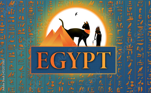 Egypt illustration with pyramides, cat, woman, falcon and hieroglyphs. photo