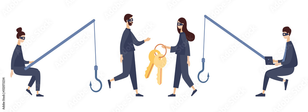 Hackers and cybercriminals set. Internet hacker attack concept. Tiny anonymous hacker man and woman attacking computer or smartphone. Vector flat illustration 