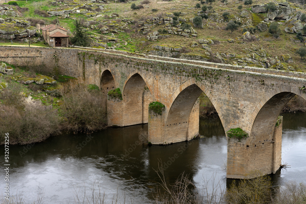 Medieval stone bridge in Ledesma, Salamanca, Spain.