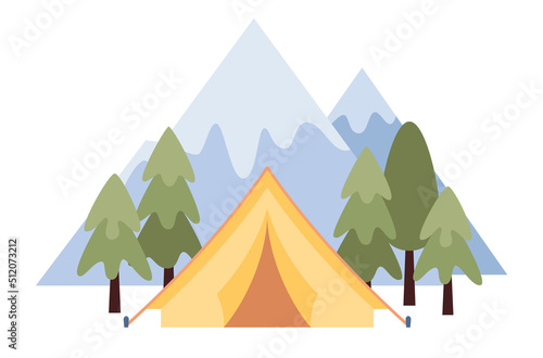 Camping in mountains. Tent in outdoor travel concept. Summer trip. Nature tourism. Vector flat illustration 
