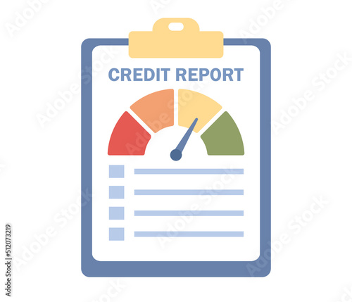 Credit report icon. Personal credit score information. Speedometer sign. Vector flat illustration 