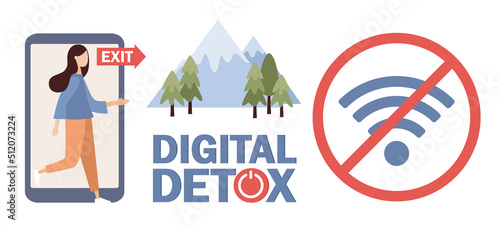Digital detox set. Freedom from internet, smartphones and social media. Offline life. No Wifi. Woman stepping out of the mobile phone screen. Vector flat illustration 