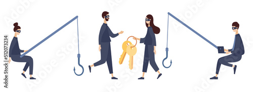 Hackers and cybercriminals set. Internet hacker attack concept. Tiny anonymous hacker man and woman attacking computer or smartphone. Vector flat illustration 