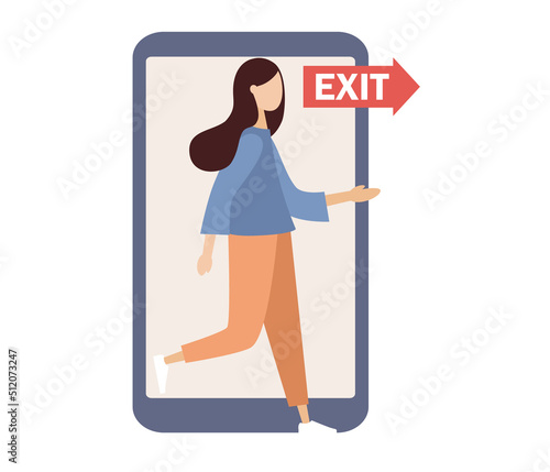 Digital detox. Freedom from internet, smartphone and social media. Exit sign. Offline life. Woman stepping out of the mobile phone screen. Vector flat illustration 