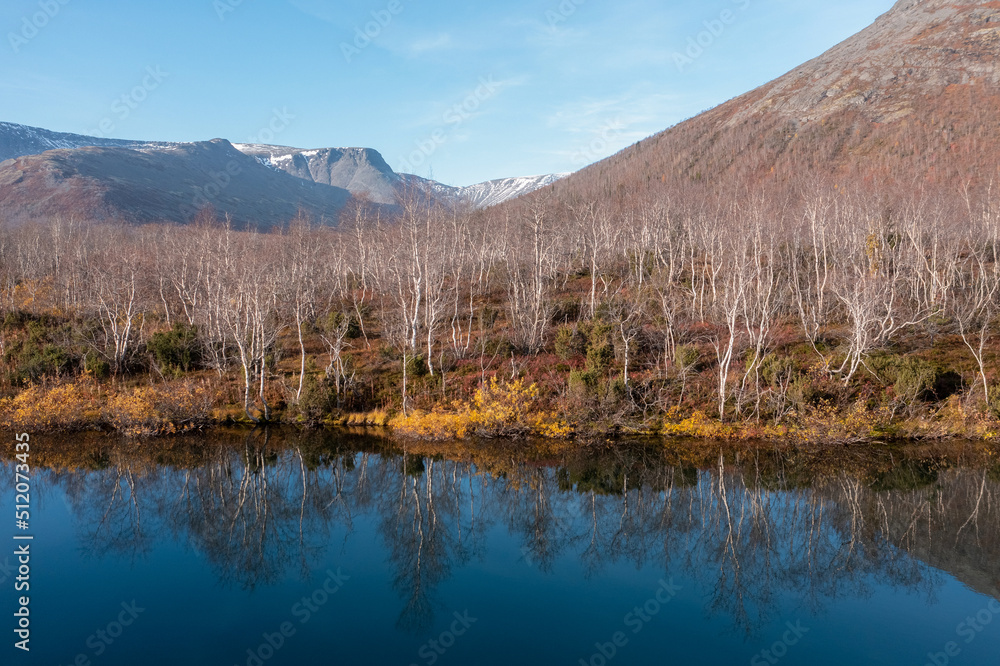 Lakes in Khibiny Mountains on a sunny Day and Reflection in Autumn. Russia