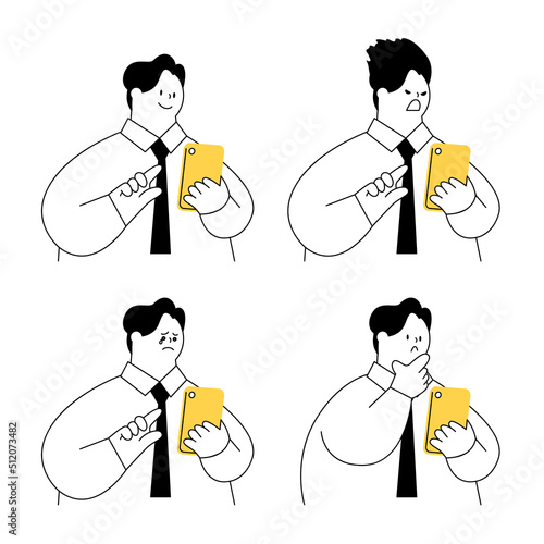 Vector illustration of a businessman operating a mobile phone. Various emotions.