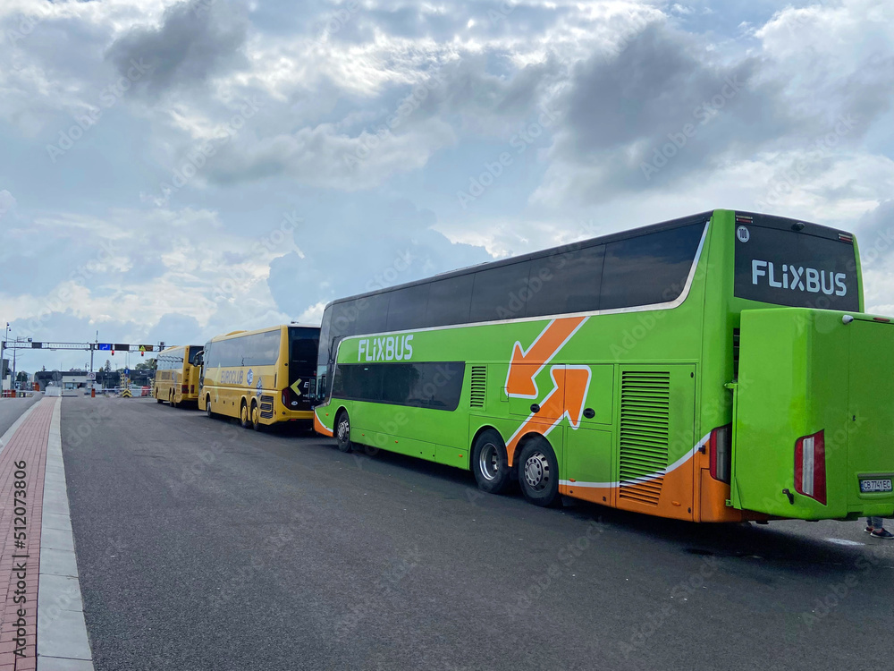 Intercity bus Flixbus, Flixbus intercity bus on motorway. Flixbus is a brand which offers