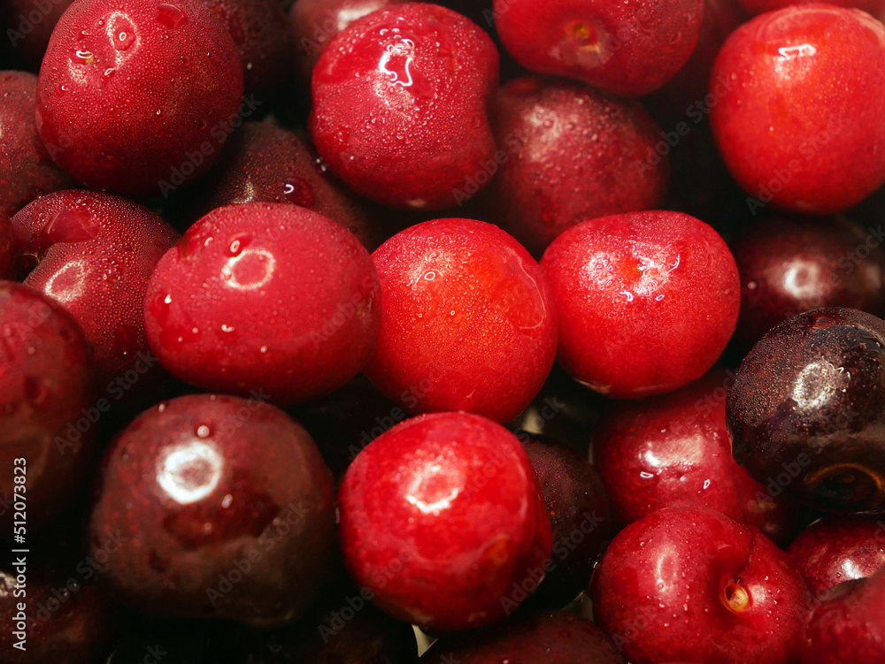 heap of fresh tasty cherries background, top view heap of fresh tasty cherries background, top view