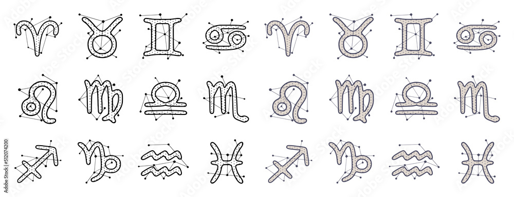 Zodiac signs in hand drawn style isolated on white background. Horoscope symbols cosmic clip art design.