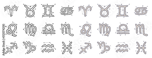Zodiac signs in hand drawn style isolated on white background. Horoscope symbols cosmic clip art design.