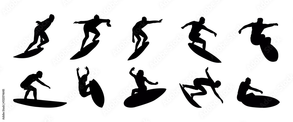 Set of high quality detailed silhouettes of a surfer. Silhouettes isolated of surfers. Set of high quality detailed silhouettes of a surfer. Silhouettes isolated of surfers.
