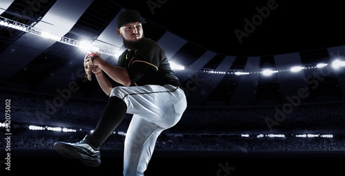 Photography Sport collage with professional baseball player with baseball glove and ball in action during match in crowded sport stadium at evening time