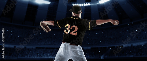 Photography Sport collage with professional baseball player with baseball glove and ball in action during match in crowded sport stadium at evening time