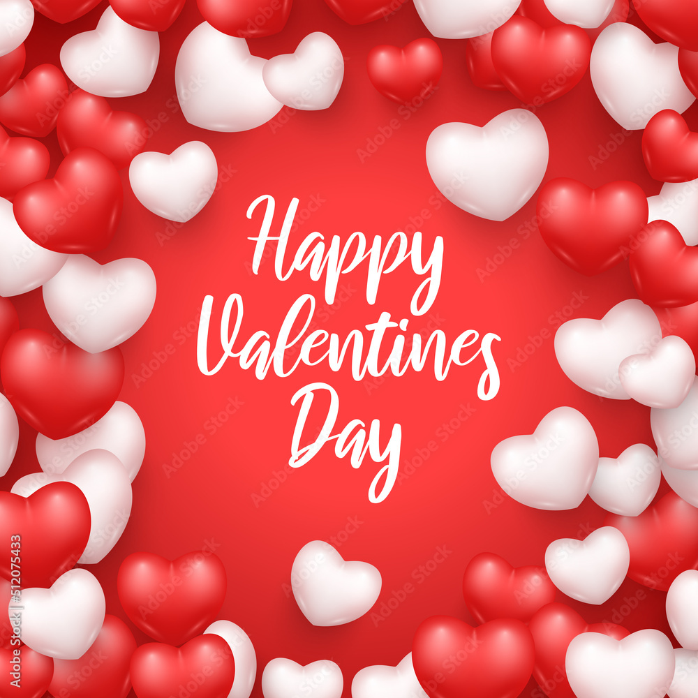 Happy Valentine s Day banner realistic red and white hearts border vector illustration