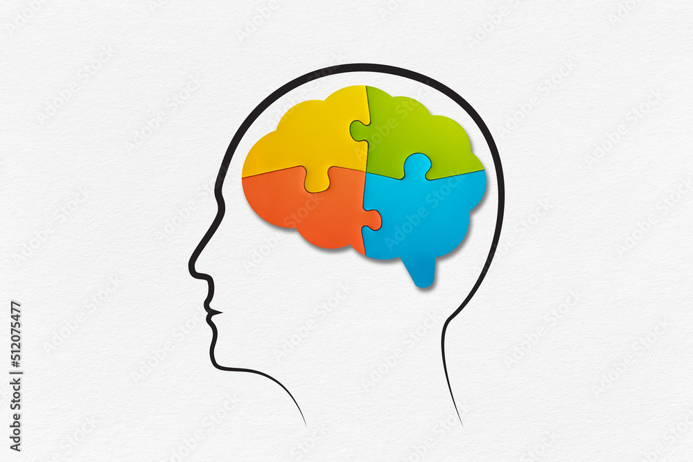 Human brain shaped made of jigsaw puzzles inside head on white background. Mental health and problems with memory