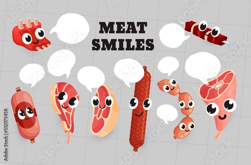 Meat food smileys with speech bubbles collection vector pork beef bacon ham sausage ribs barbecue