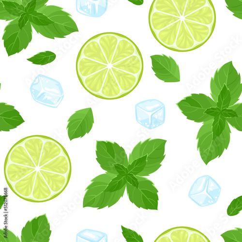 Mojito seamless pattern. Vector background with green mint leaf, ice cubes and lime slices isolated on white. Cartoon flat illustration.